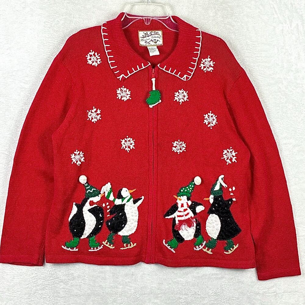 VTG Heirloom Collectibles Christmas Sweater Womens L Red Snowflakes Penguins 90s